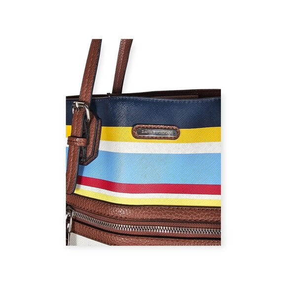 Dana Buchman Multicolor Stripe Tote With Brown Faux Leather Straps & Zip Pocket - Picture 4 of 16